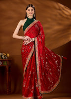 Red Art Silk Saree With Matching Blouse - Wedding Wear Look