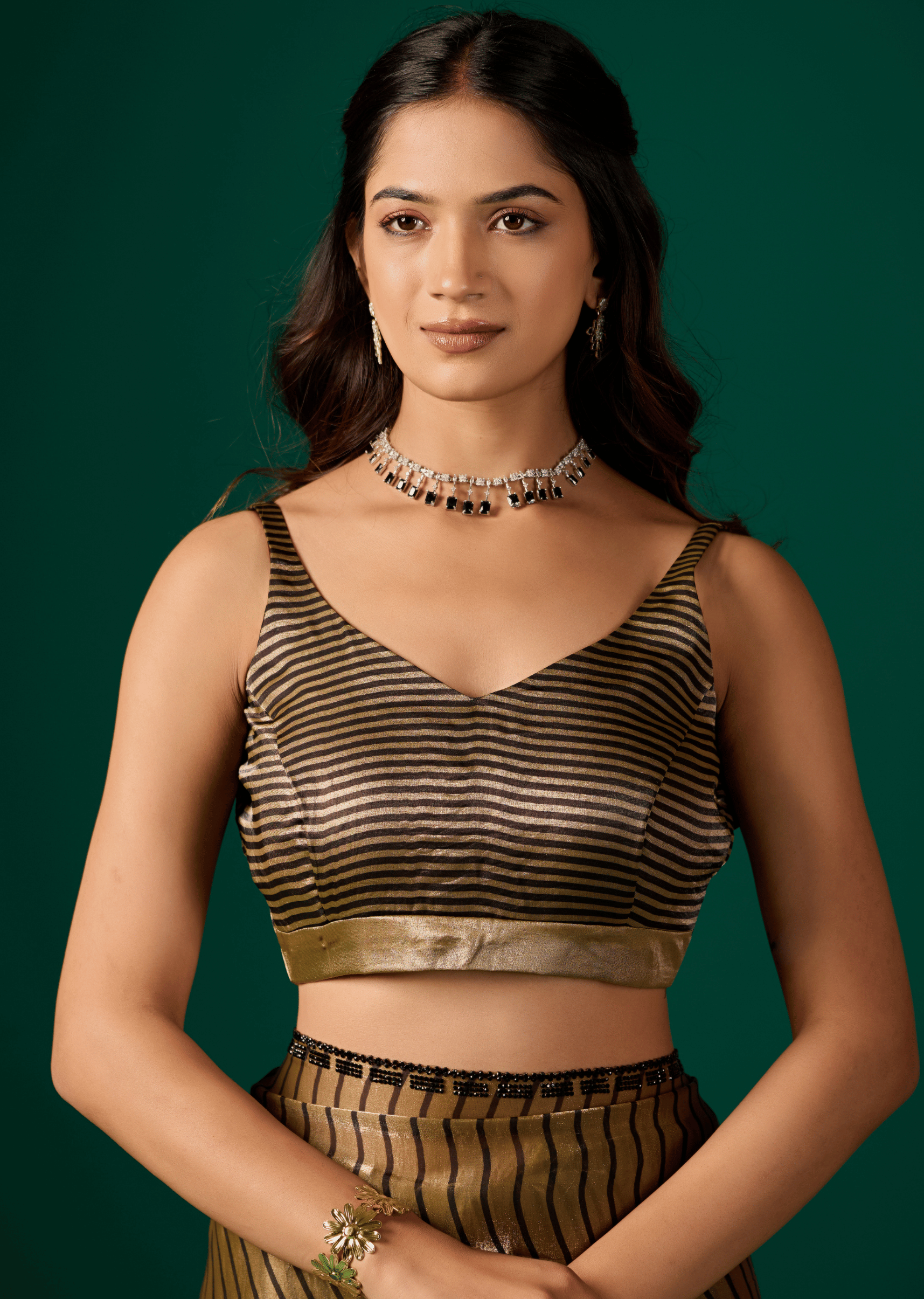Gold Italian Silk Saree With Matching Blouse - Party Wear Look