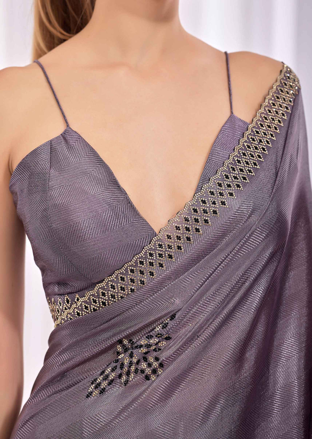 Purple Italian Silk Saree With Diamond Pattern Border And Bead Motifs