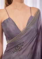 Purple Italian Silk Saree With Diamond Pattern Border And Bead Motifs