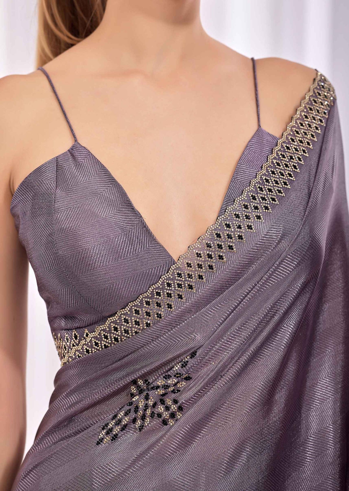 Purple Italian Silk Saree With Diamond Pattern Border And Bead Motifs