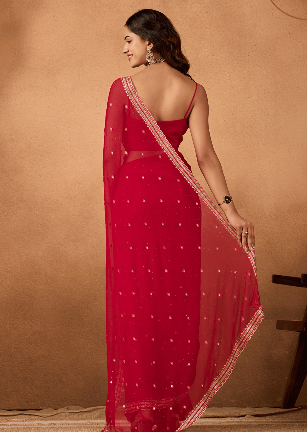 Red Chiffon Saree Draped Look - Sequin Embroidery Detail