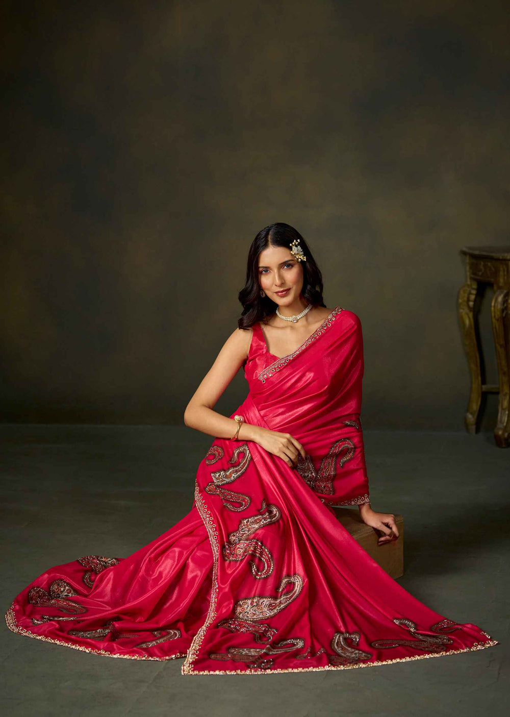Pink Satin Silk Saree With Paisley Embellished Motifs And Border