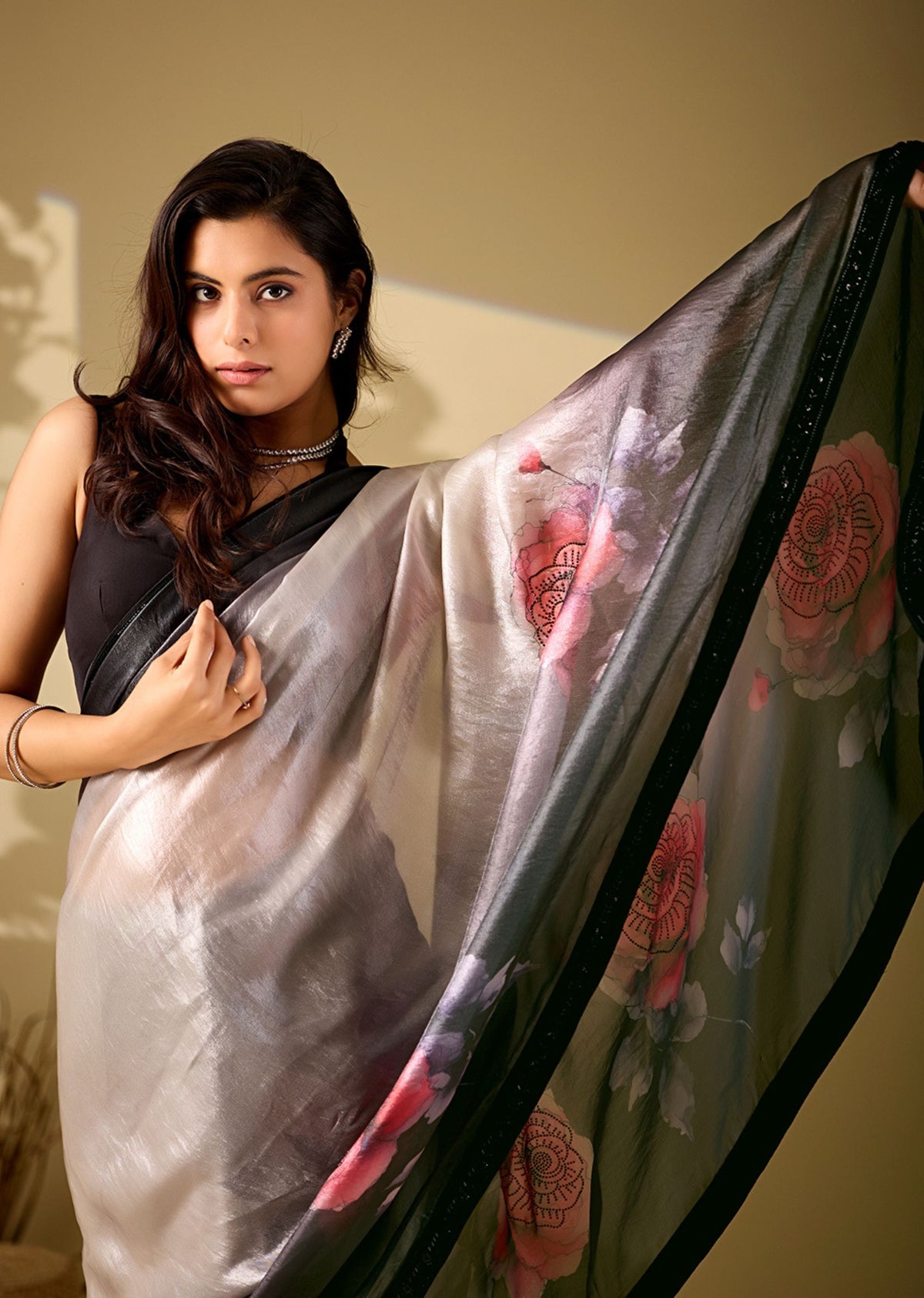 black ombre floral italian silk saree side pose with pallu