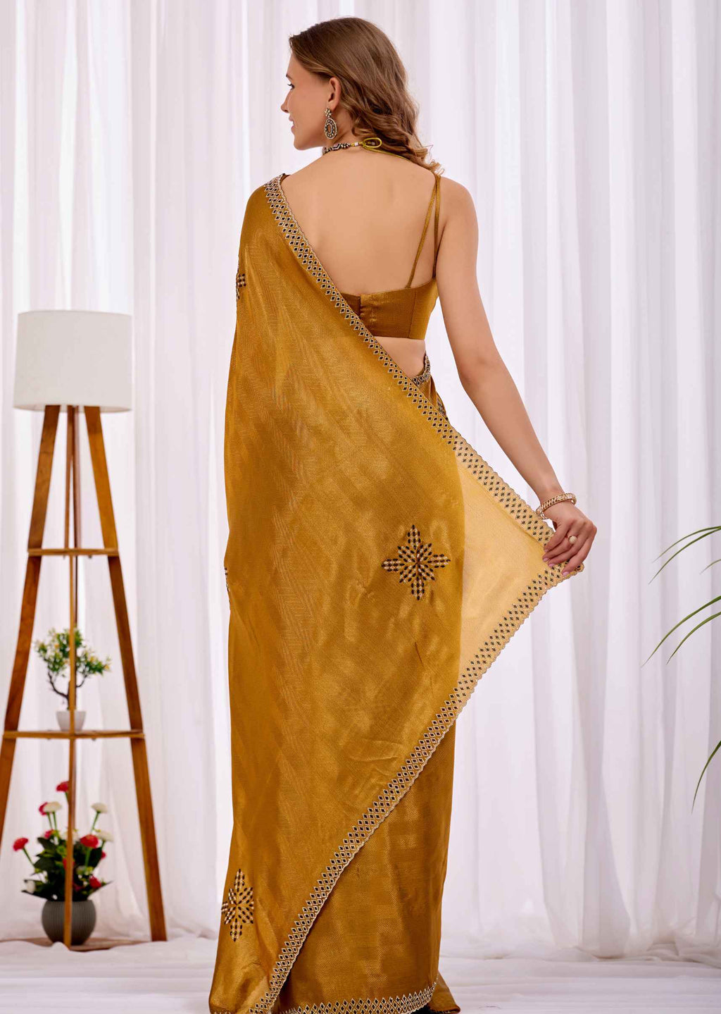 Yellow Italian Silk Saree With Diamond Pattern Border And Bead Motifs