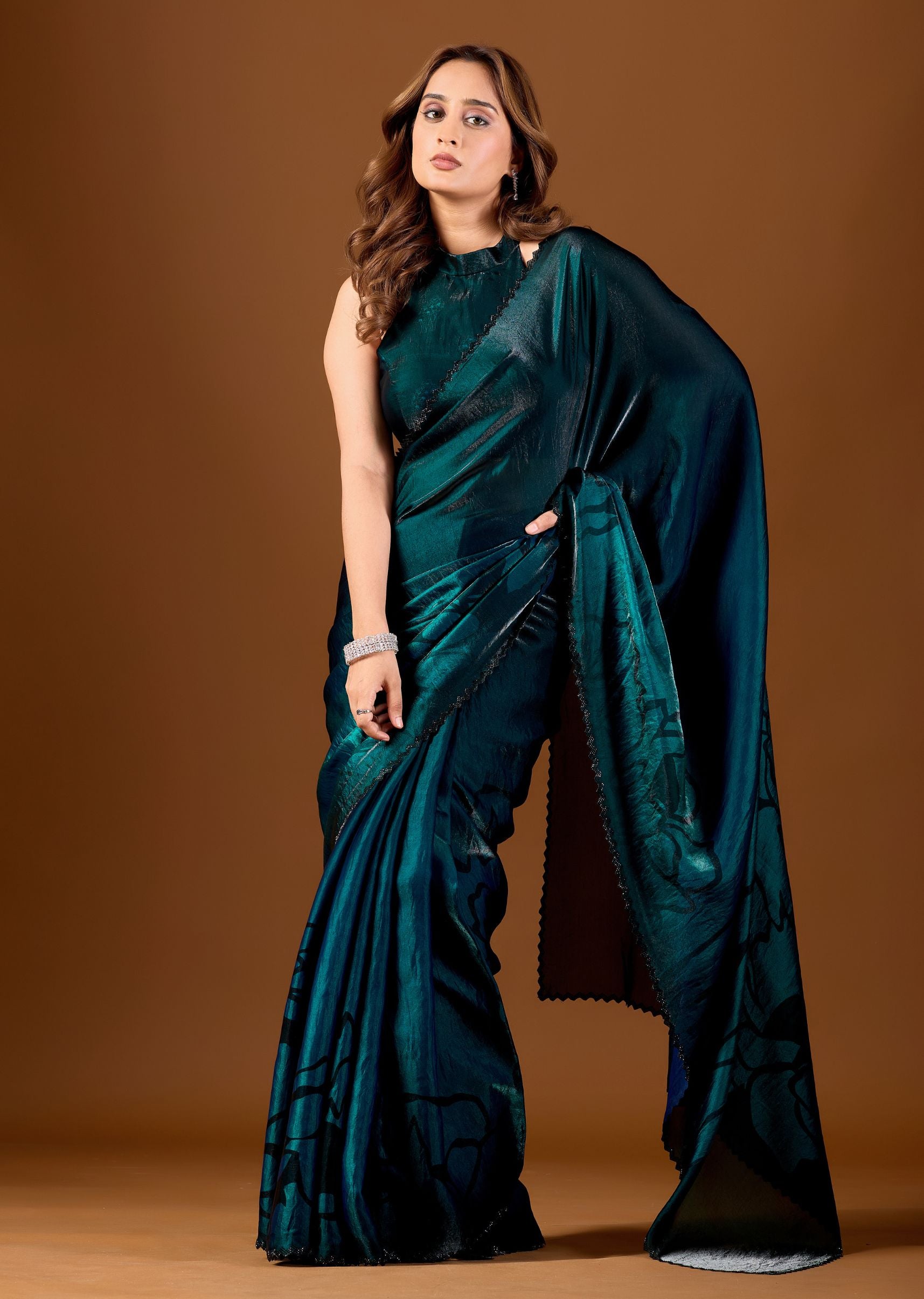 Wine Purple Organza Saree with Abstract Floral Print & Designer Scalloped Border