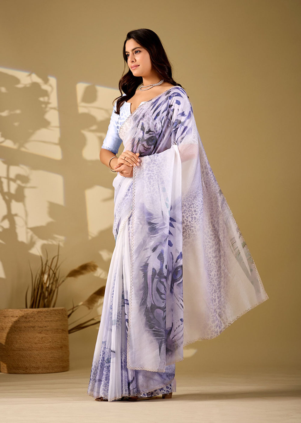 blue tiger printed italian silk saree full front pose