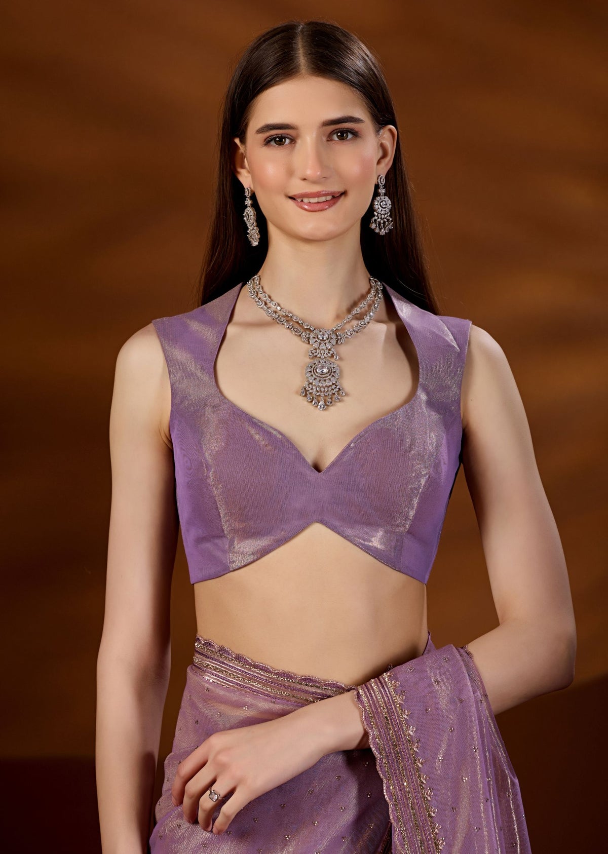 Purple Tissue Saree With Matching Blouse - Scalloped Zari Border Design
