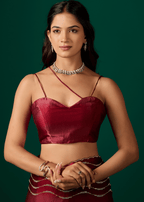 Wine Silk Saree Wavy Diamond Work Close Up - Blouse Design
