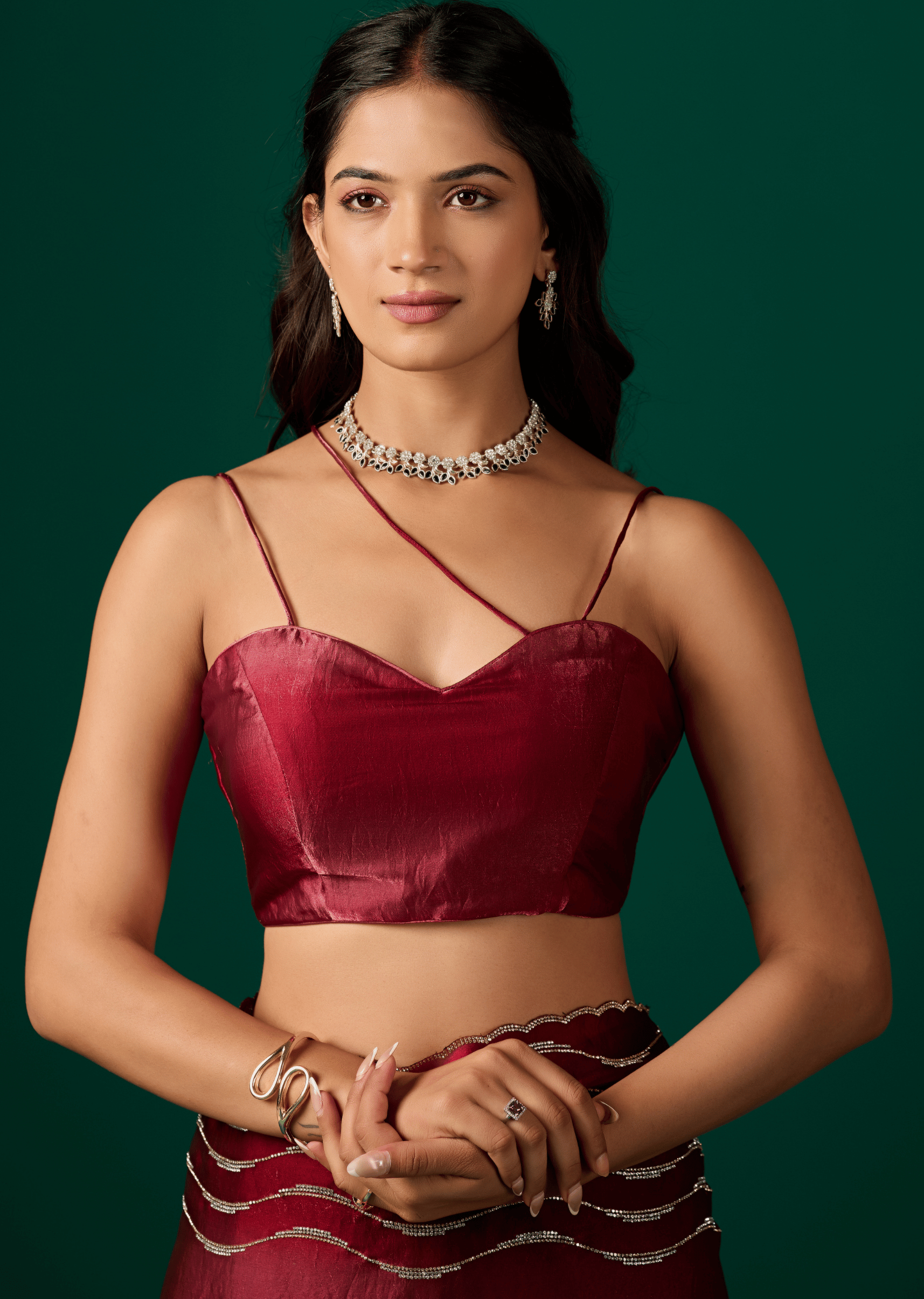 Wine Silk Saree Wavy Diamond Work Close Up - Blouse Design