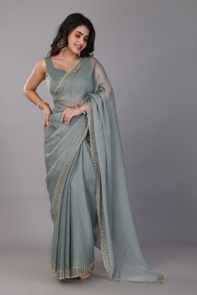 Pistachio stone work chiffon silk saree Hover Image