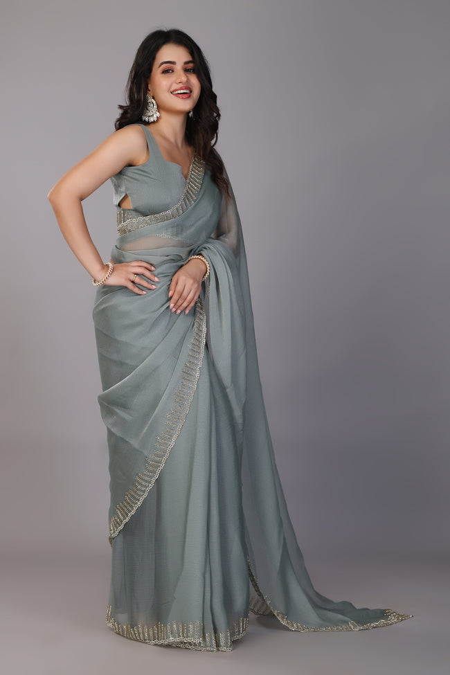 Pistachio stone work chiffon silk saree Main Image