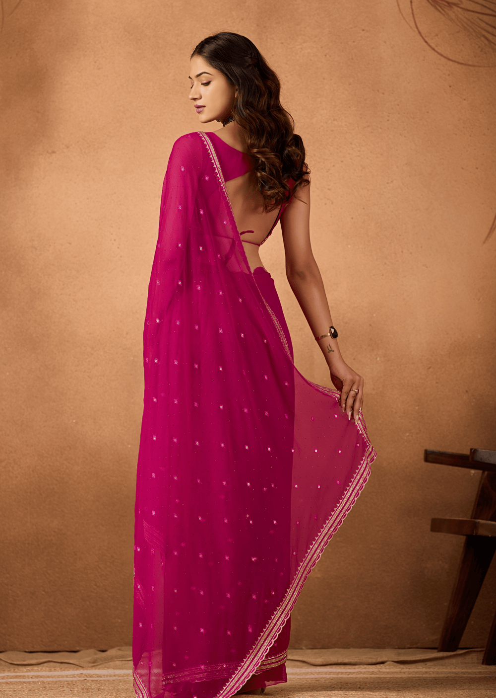 Pink Chiffon Saree Draped Look - Sequin Embroidery Detail