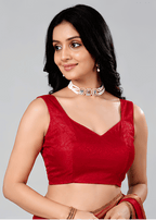 Deep Red Jacquard Sleeveless Sweetheart Neck Readymade Blouse for Women
