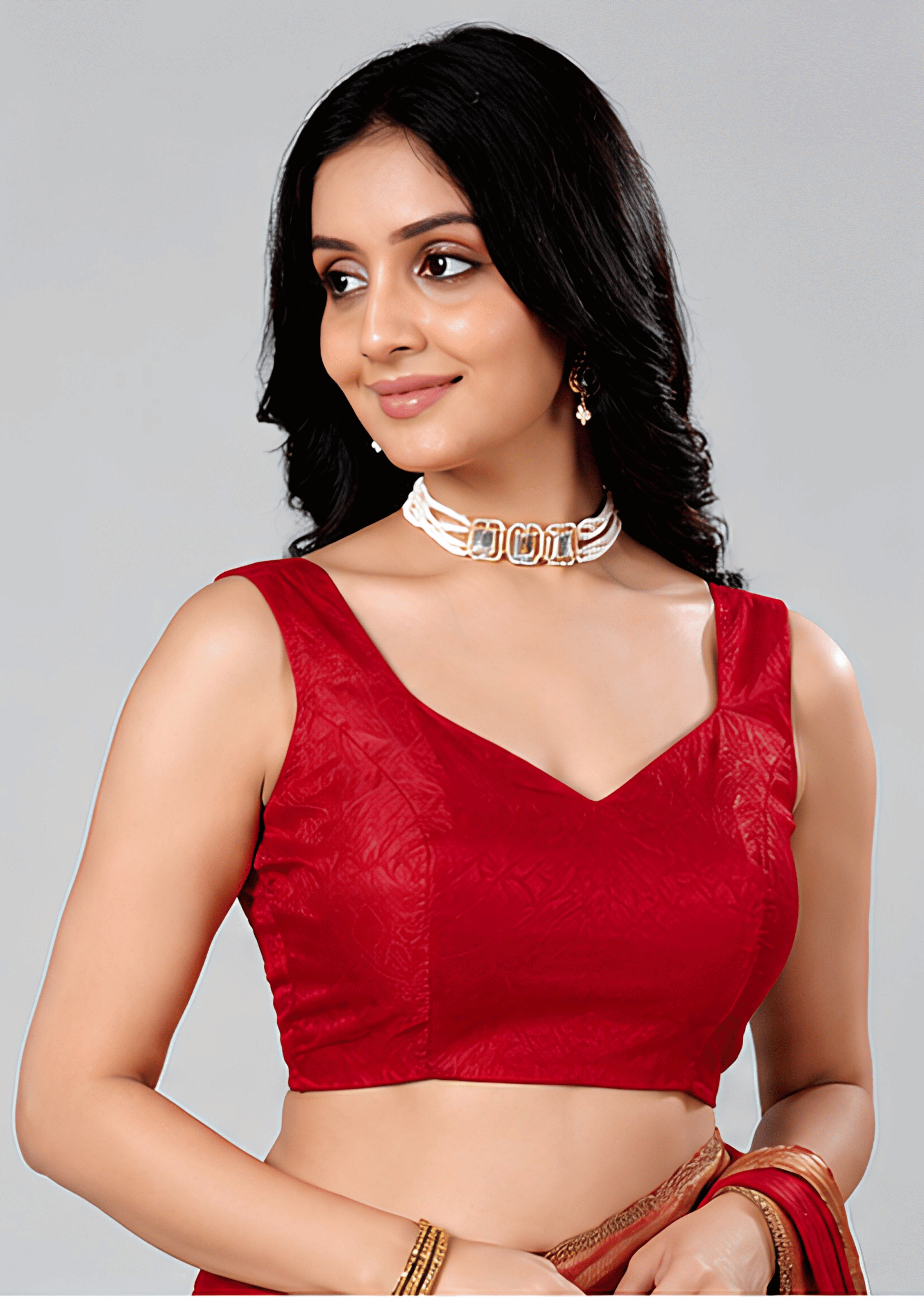 Deep Red Jacquard Sleeveless Sweetheart Neck Readymade Blouse for Women