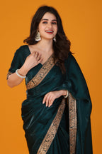 Green zari work soft tissue saree