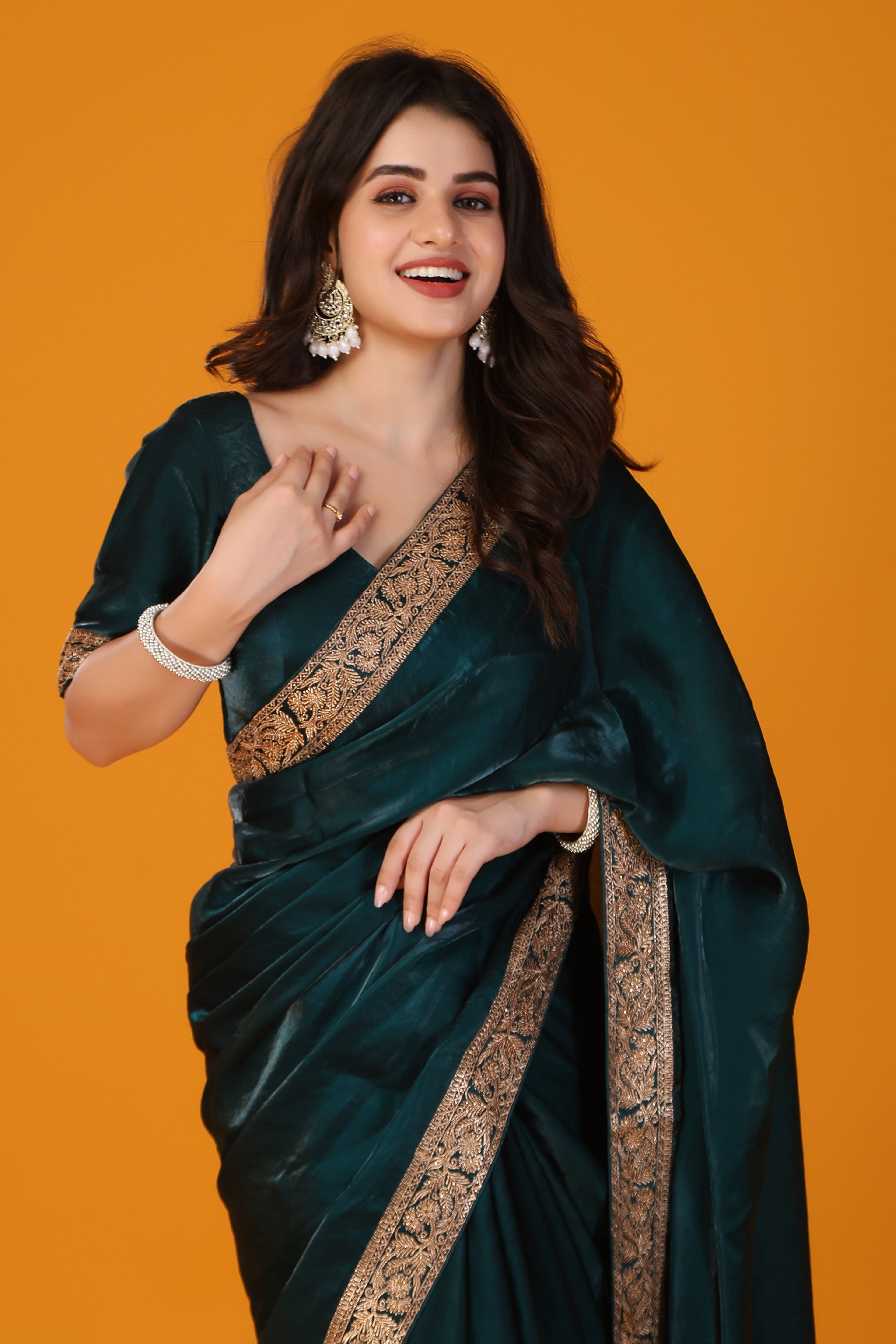 Green zari work soft tissue saree