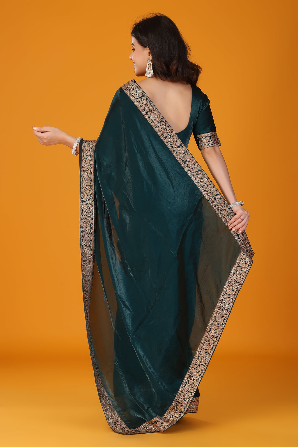 Green zari work soft tissue saree