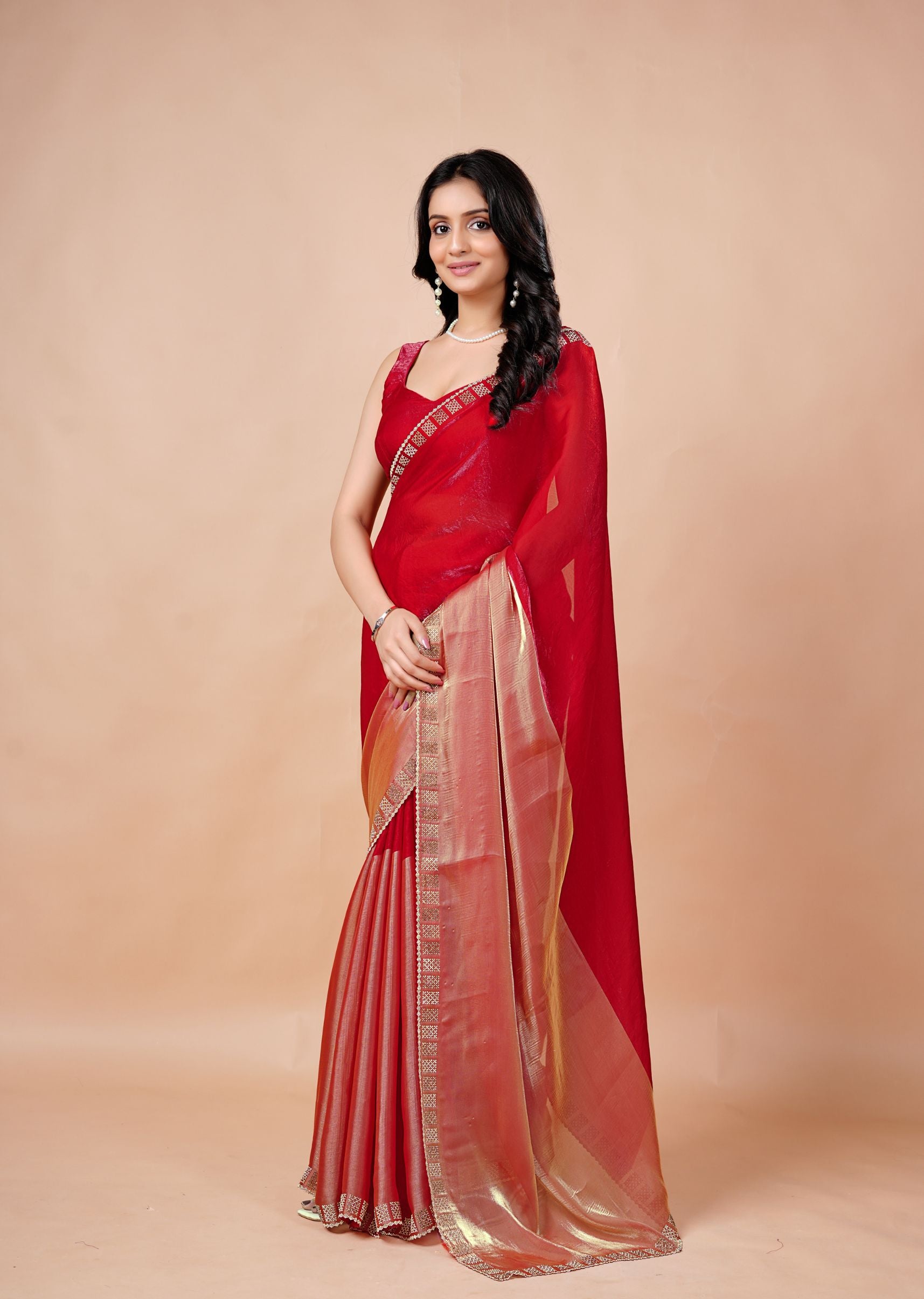 Turquoise Organza Saree with Geometric Stone Work Designer Border
