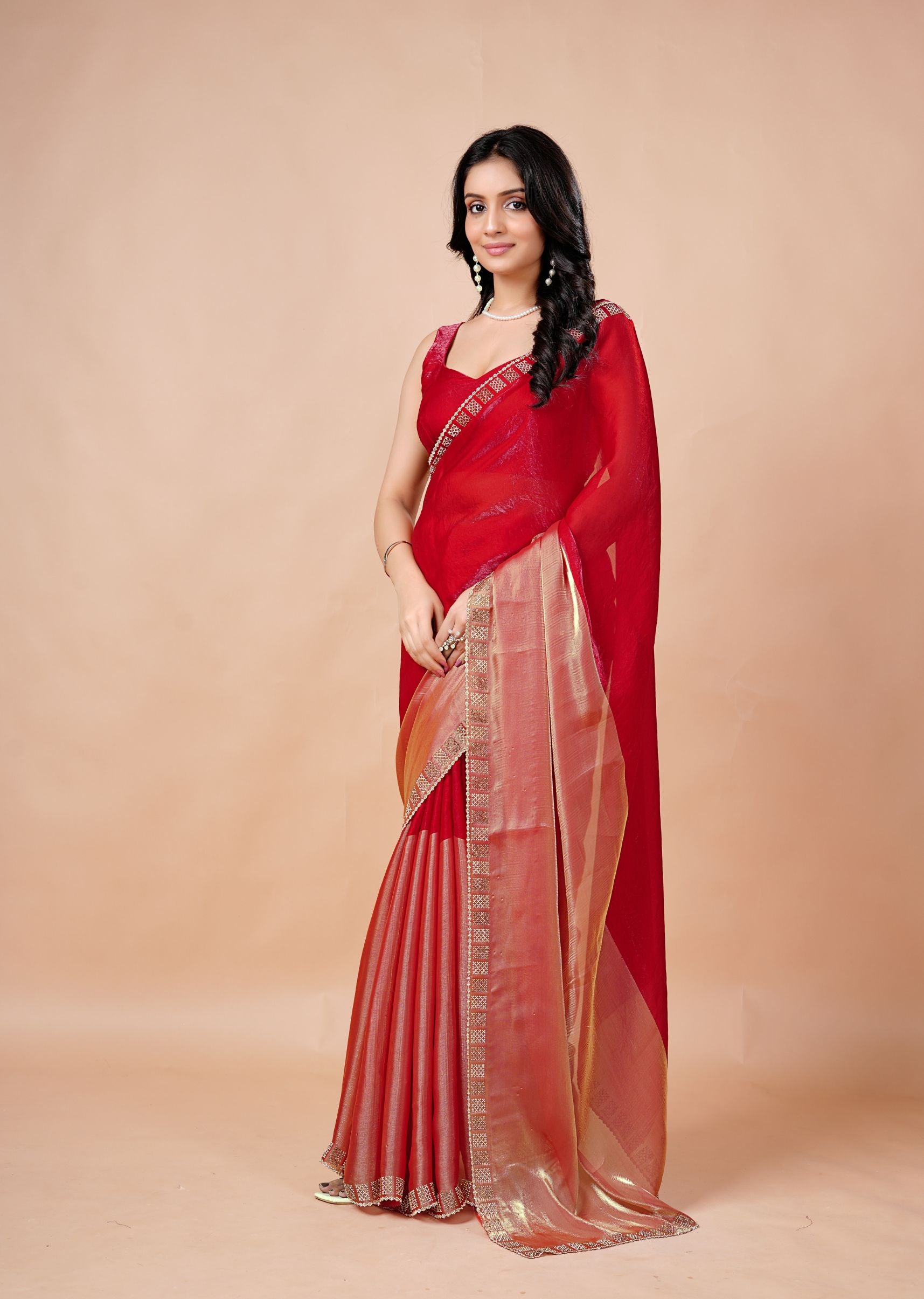 Turquoise Organza Saree with Geometric Stone Work Designer Border