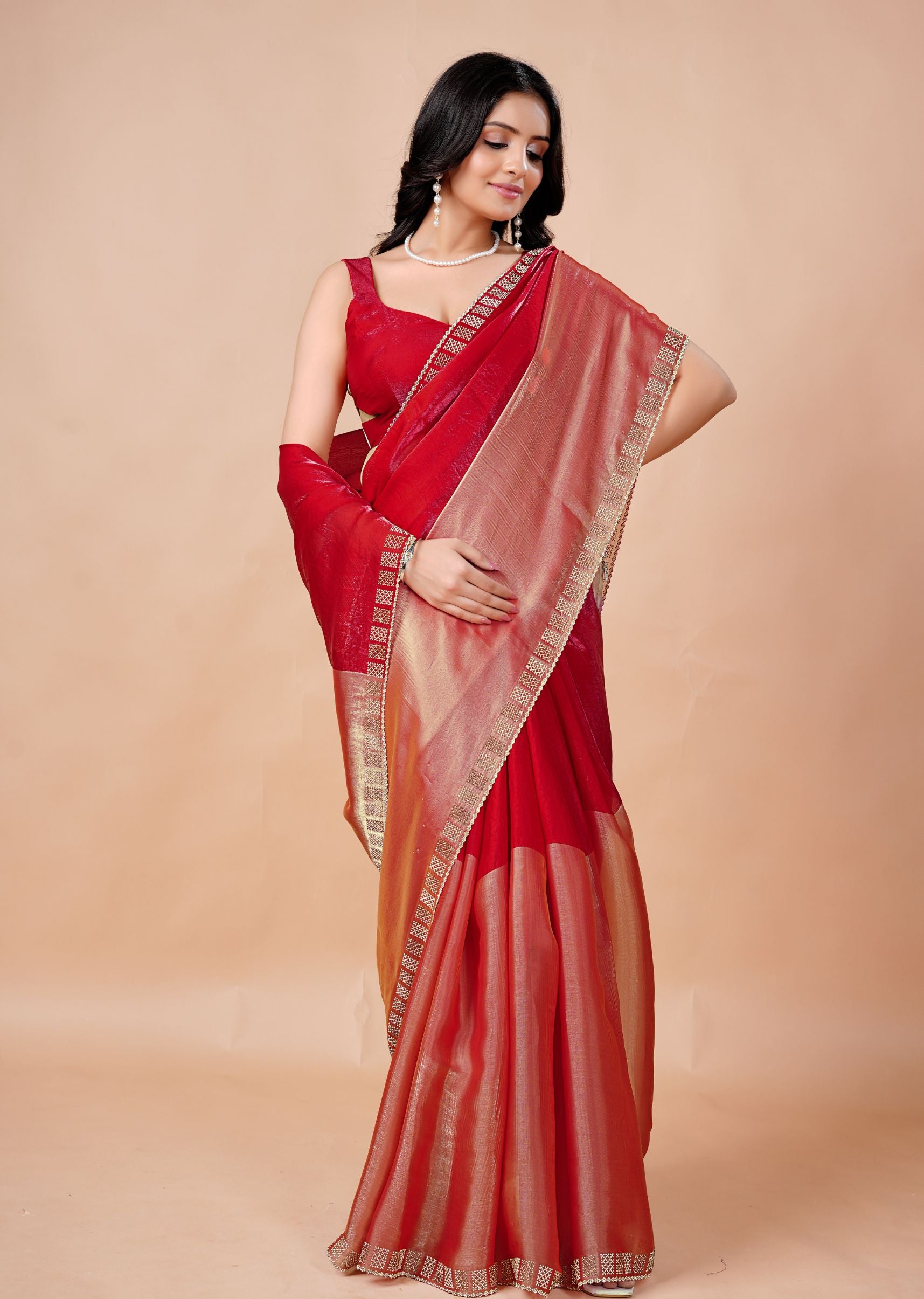 Turquoise Organza Saree with Geometric Stone Work Designer Border