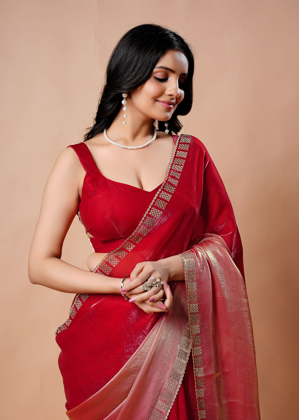 Turquoise Organza Saree with Geometric Stone Work Designer Border