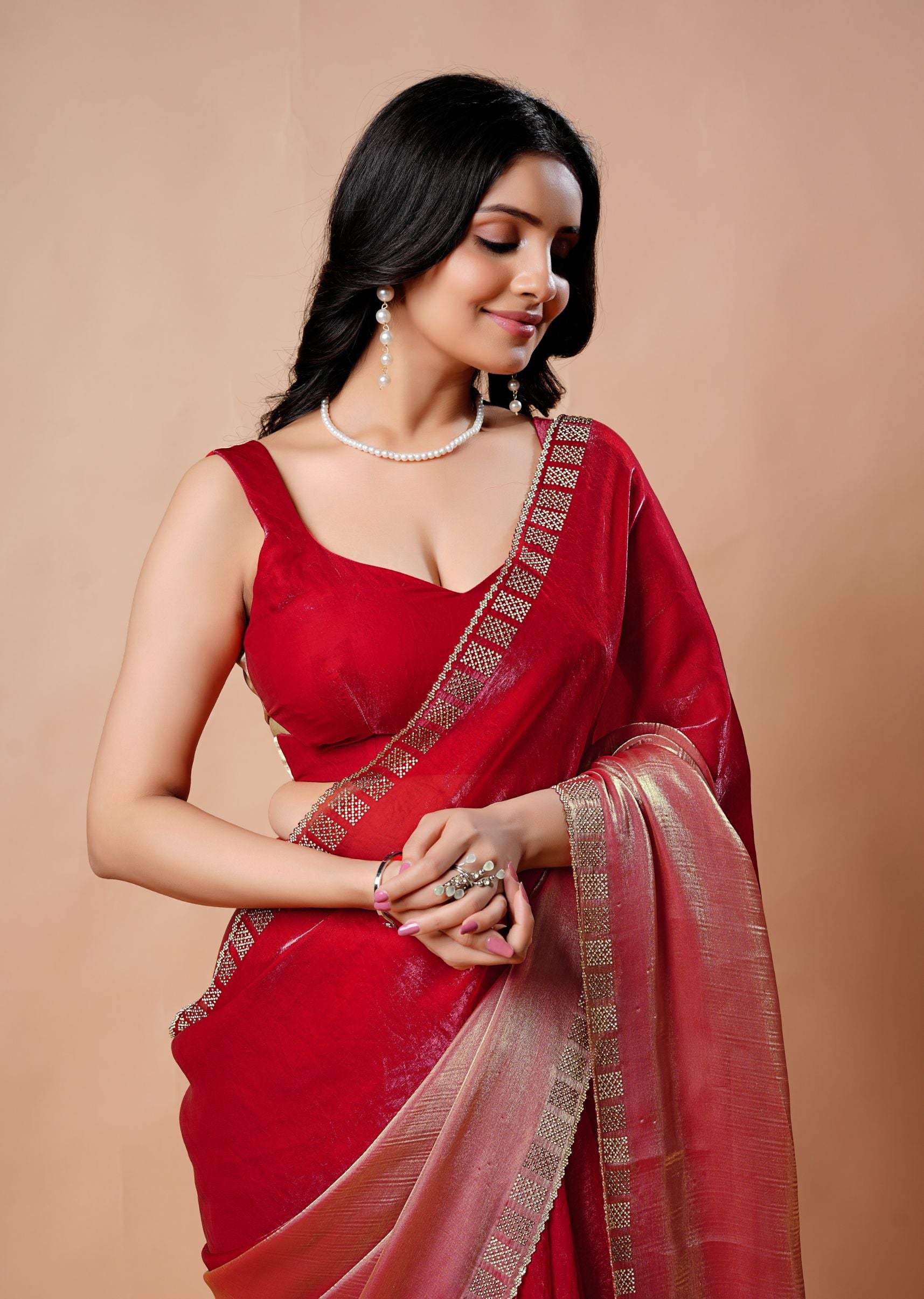 Turquoise Organza Saree with Geometric Stone Work Designer Border