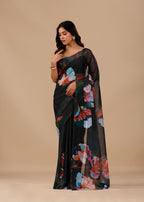Black Organza Saree with Digital Floral Print Designer Drape