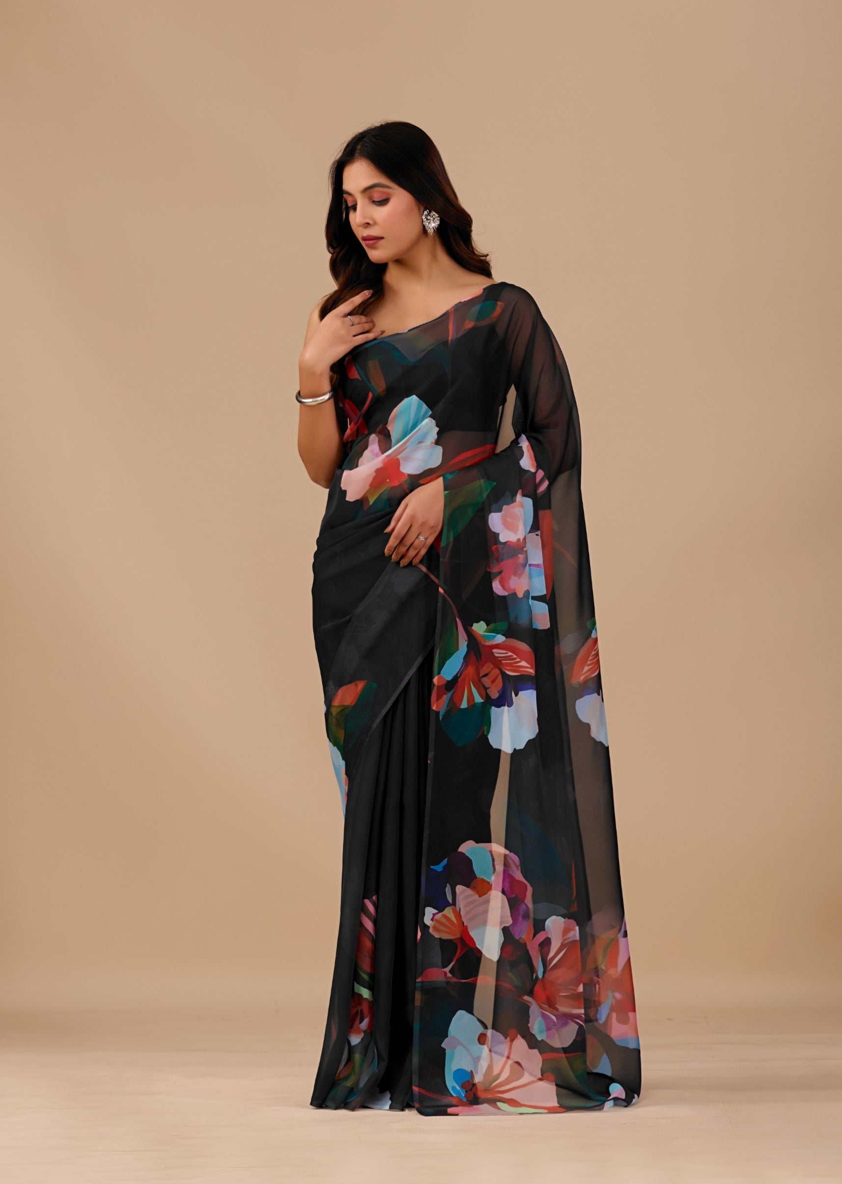 Black Organza Saree with Digital Floral Print Designer Drape