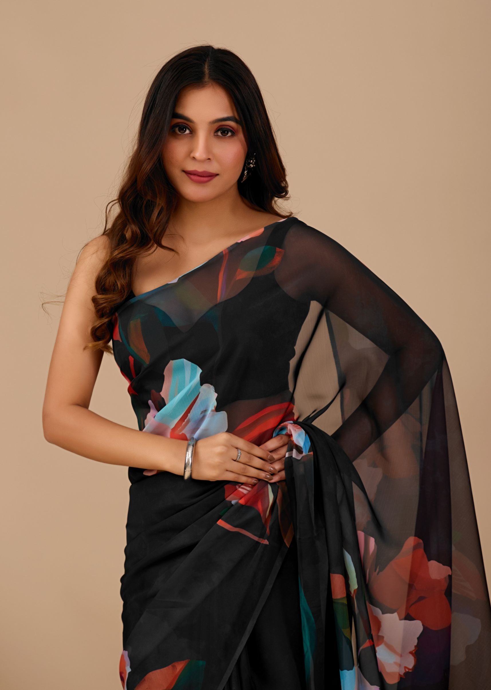 Black Organza Saree with Digital Floral Print Designer Drape