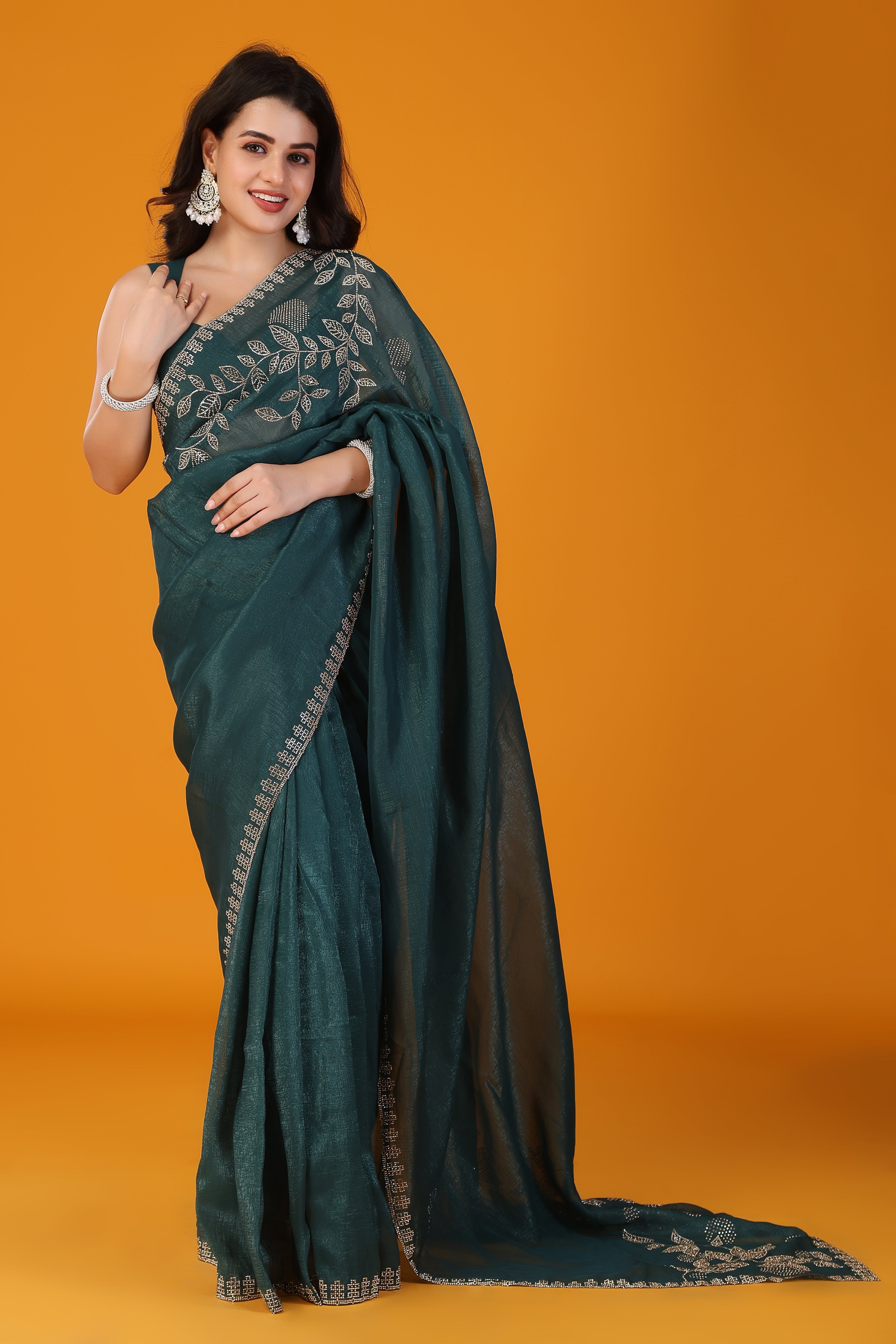 Green stone work crunchy saree