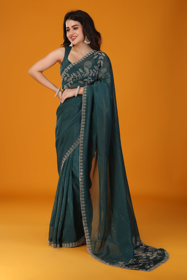 Green stone work crunchy saree Hover Image