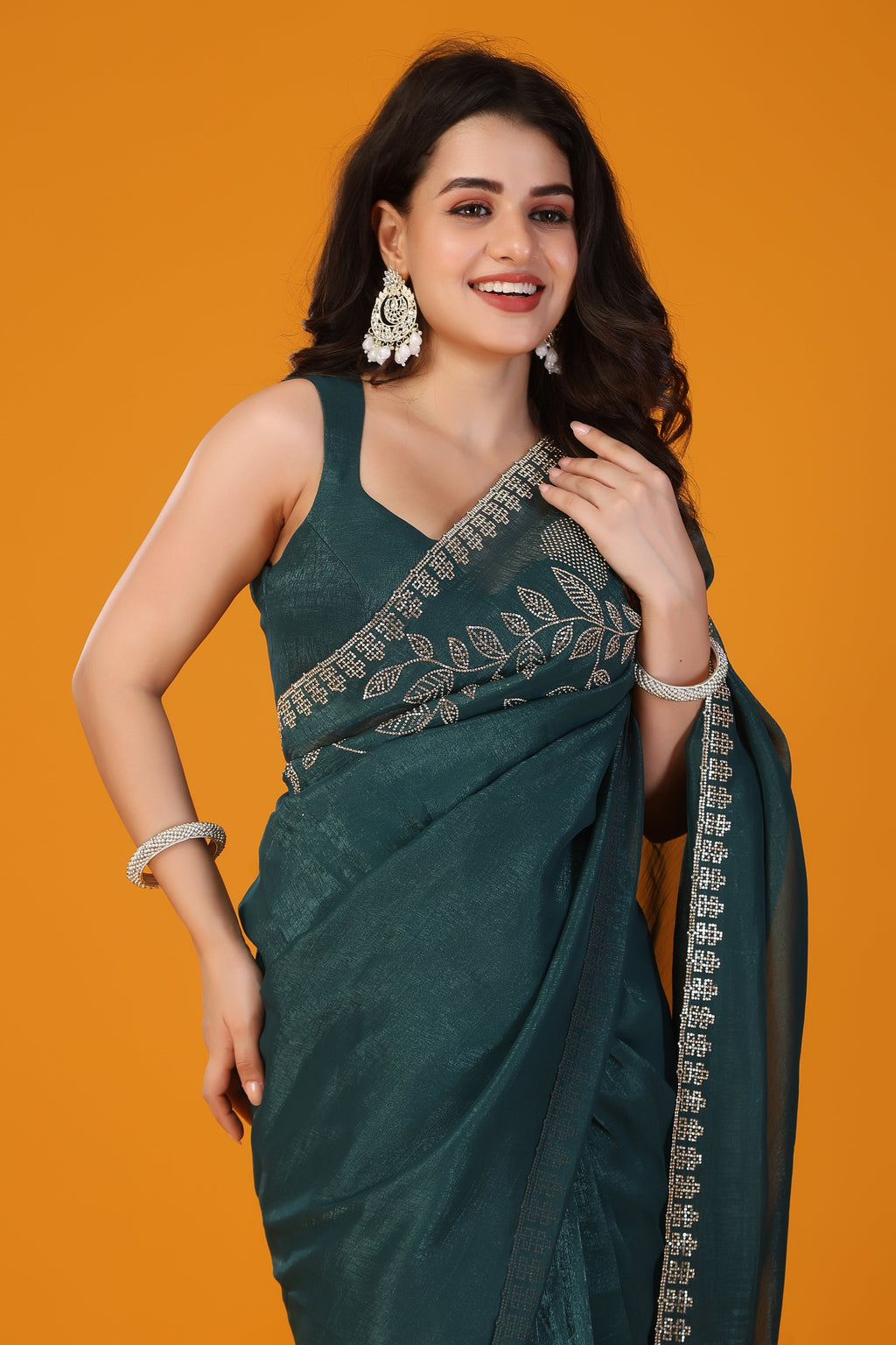 Green stone work crunchy saree