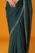 Green stone work crunchy saree