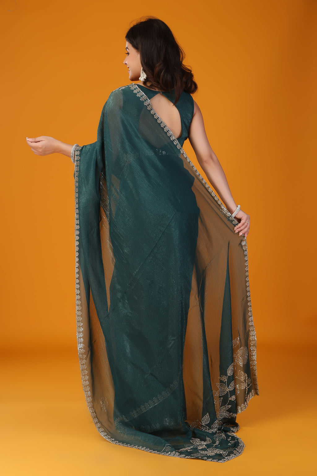 Green stone work crunchy saree