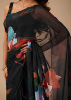 Black Organza Saree with Digital Floral Print Designer Drape