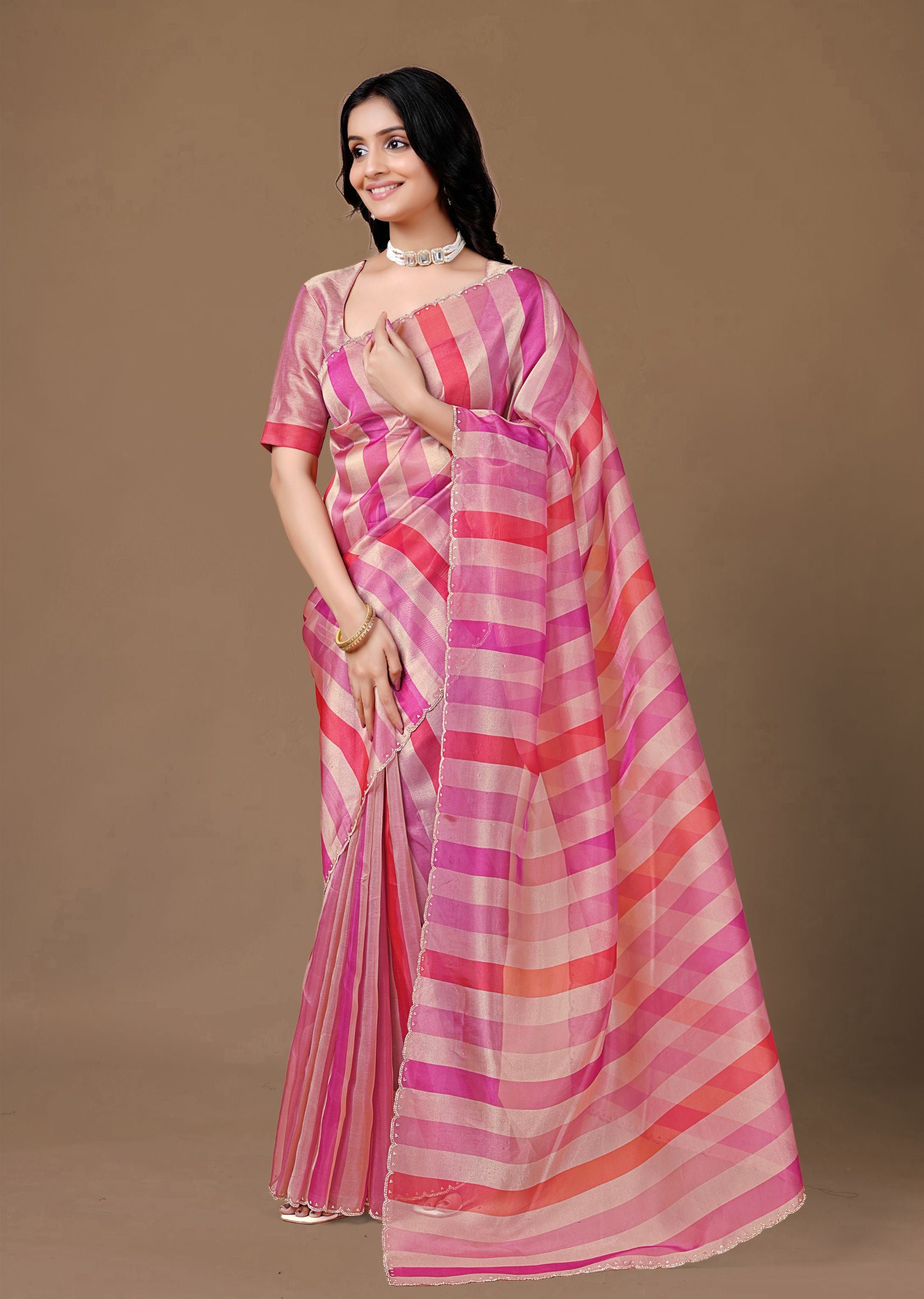 Pink Organza Striped Saree with Stone Work Border Detailing