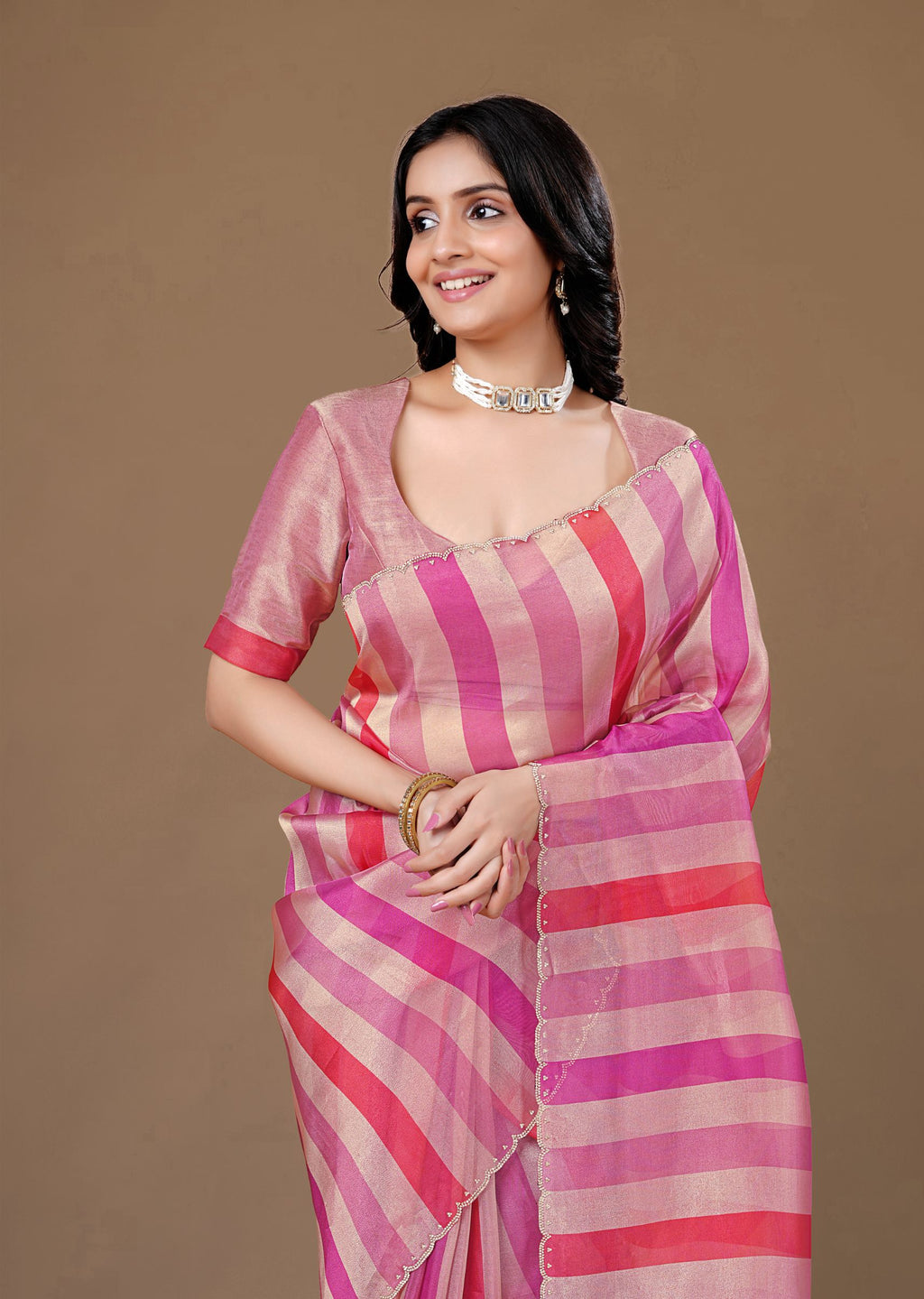 Pink Organza Striped Saree with Stone Work Border Detailing