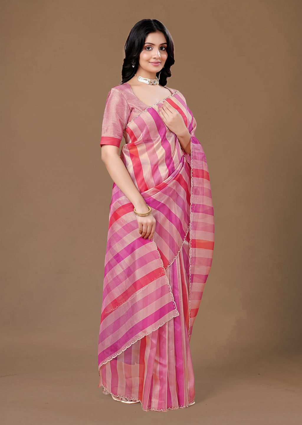 Pink Organza Striped Saree with Stone Work Border Detailing