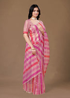 Pink Organza Striped Saree with Stone Work Border Detailing