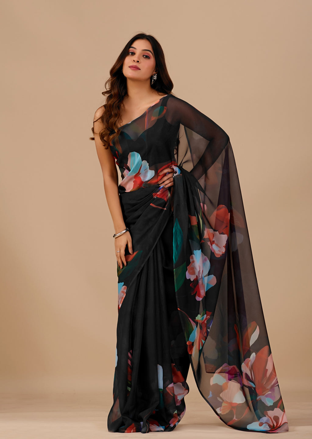 Black Soft Organza Saree With Floral Print
