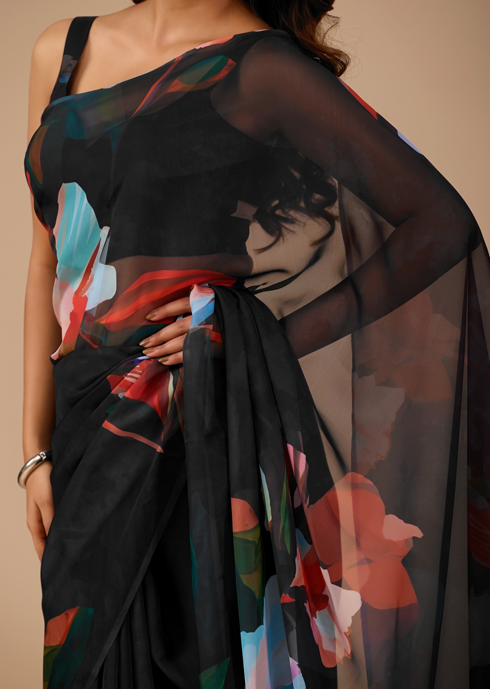 Black Soft Organza Saree With Floral Print