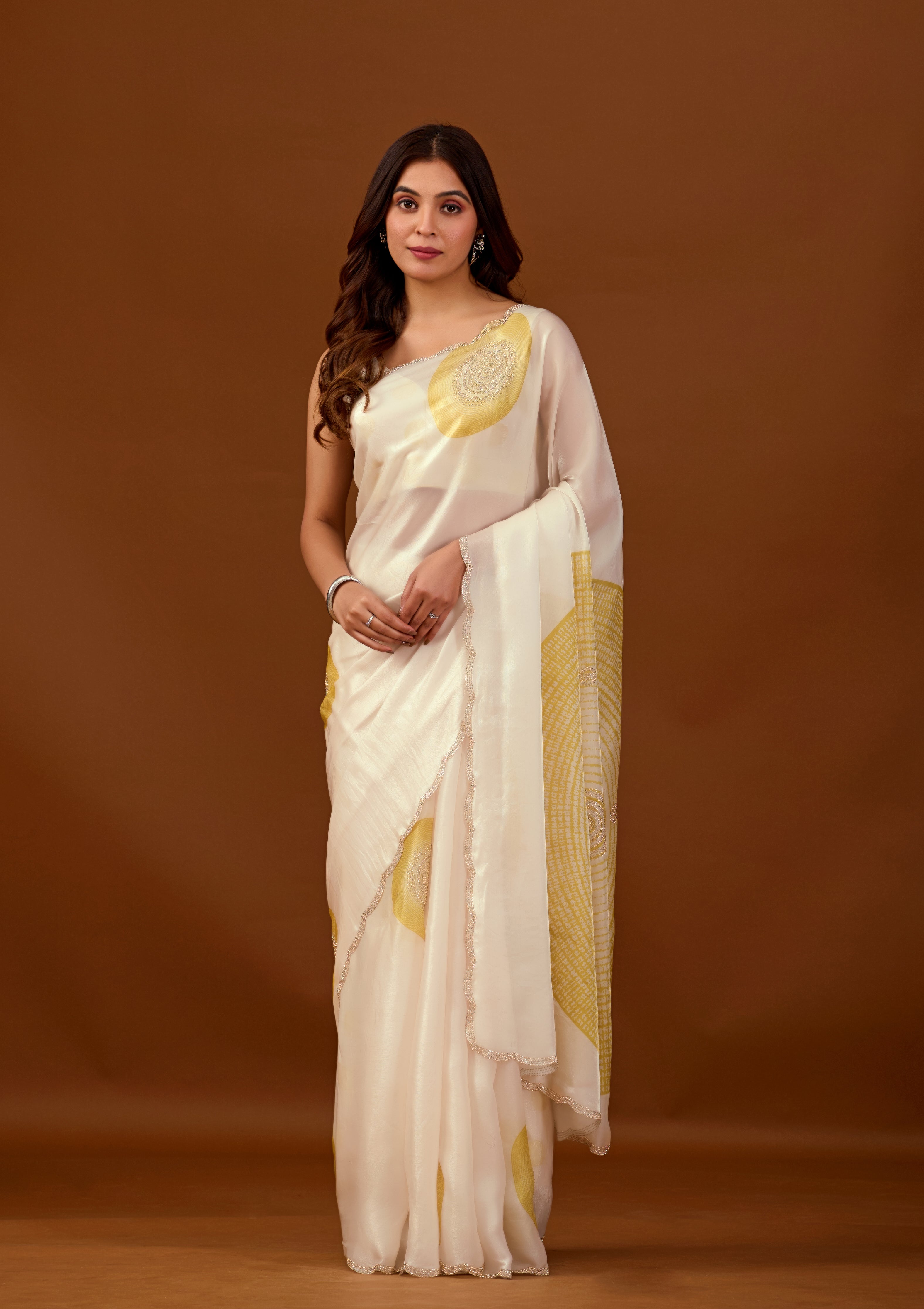 Ivory Organza Silk Saree With Stone Work