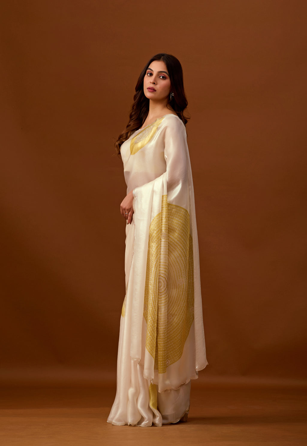 Ivory Organza Silk Saree With Stone Work