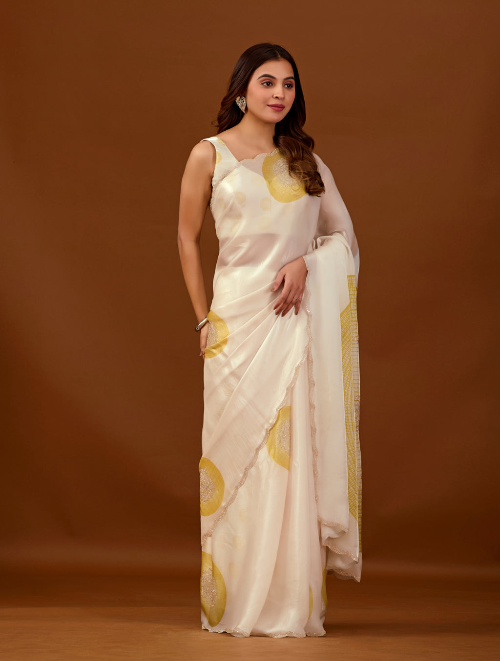 Ivory Organza Silk Saree With Stone Work