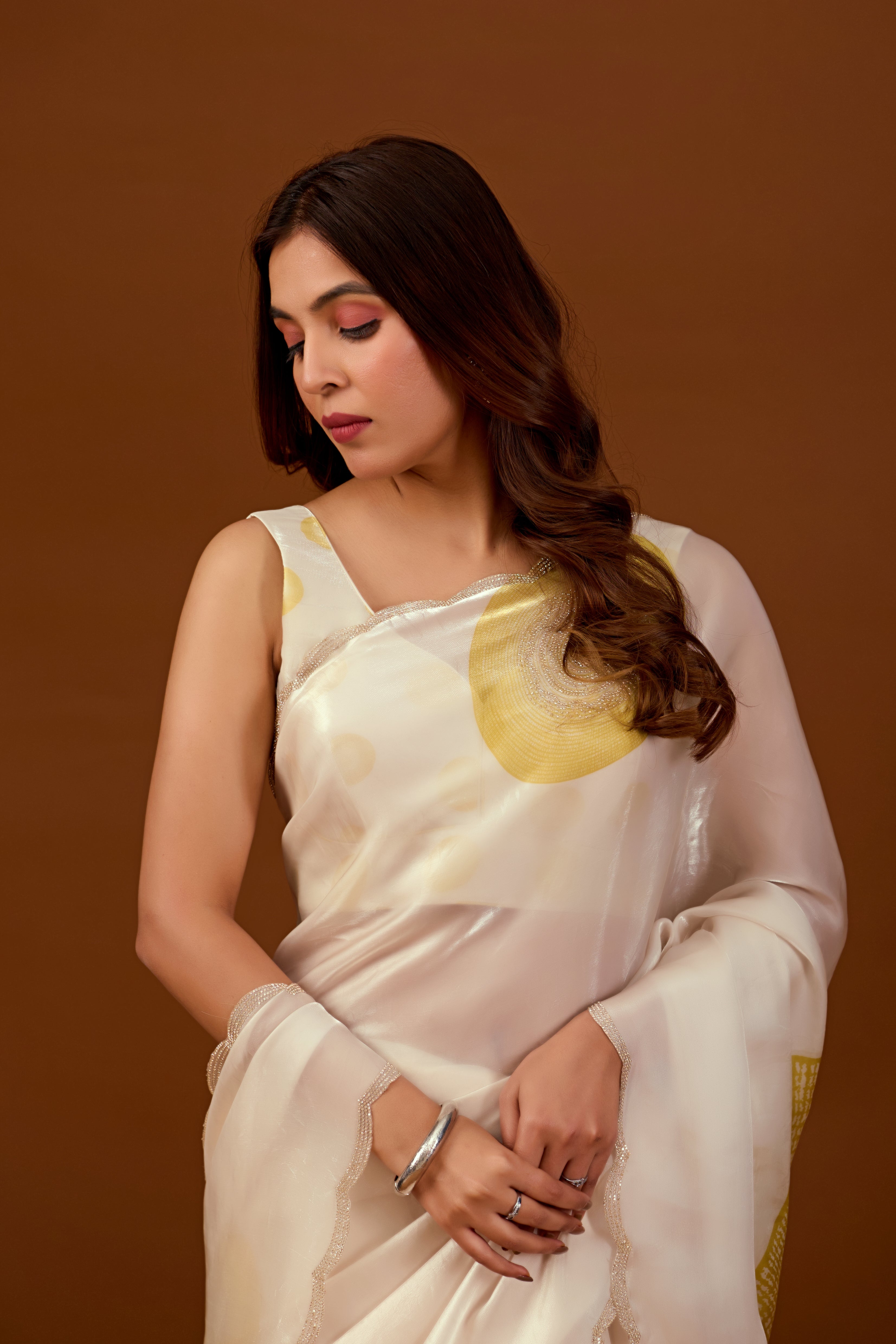 Ivory Organza Silk Saree With Stone Work