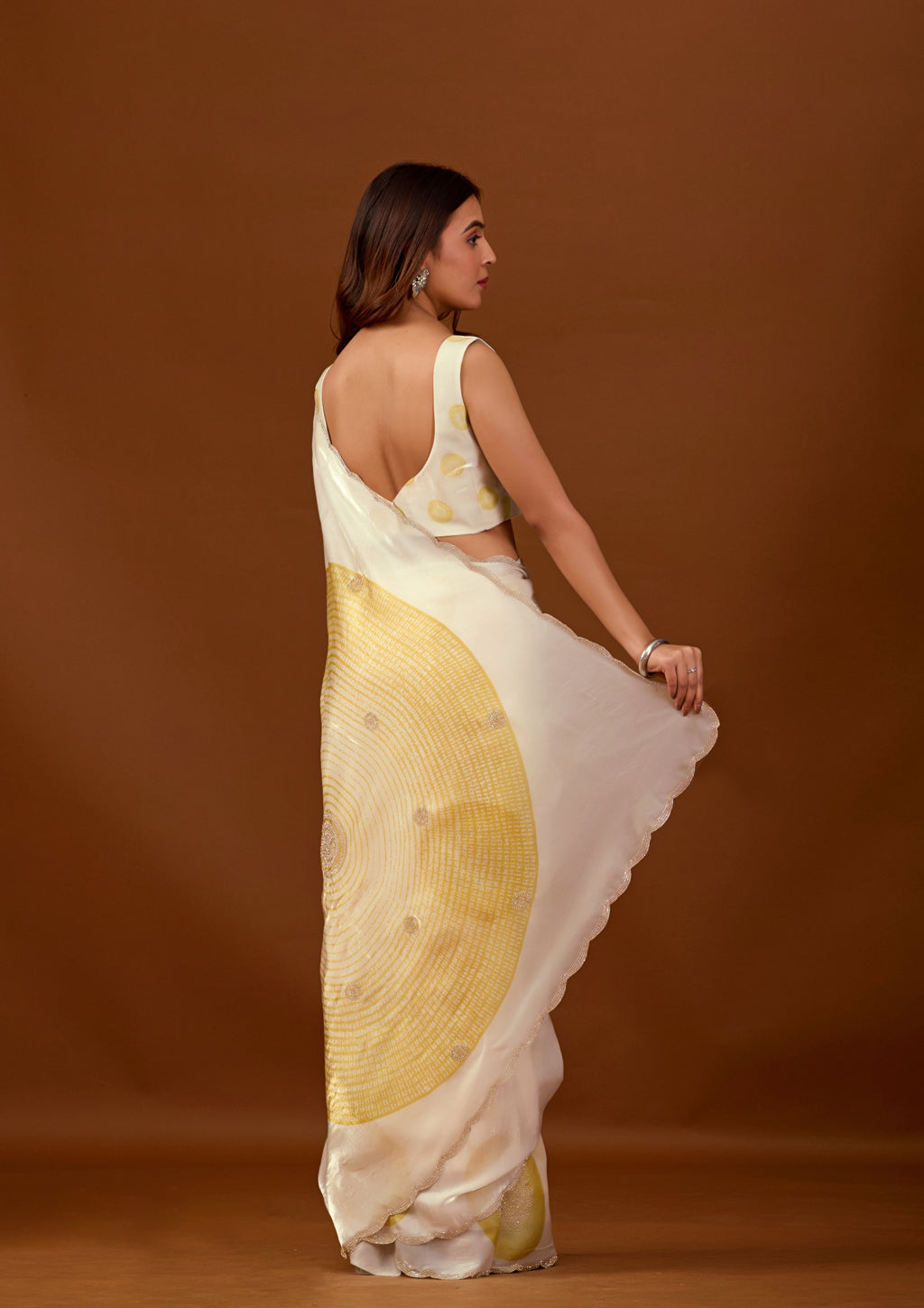 Ivory Organza Silk Saree With Stone Work