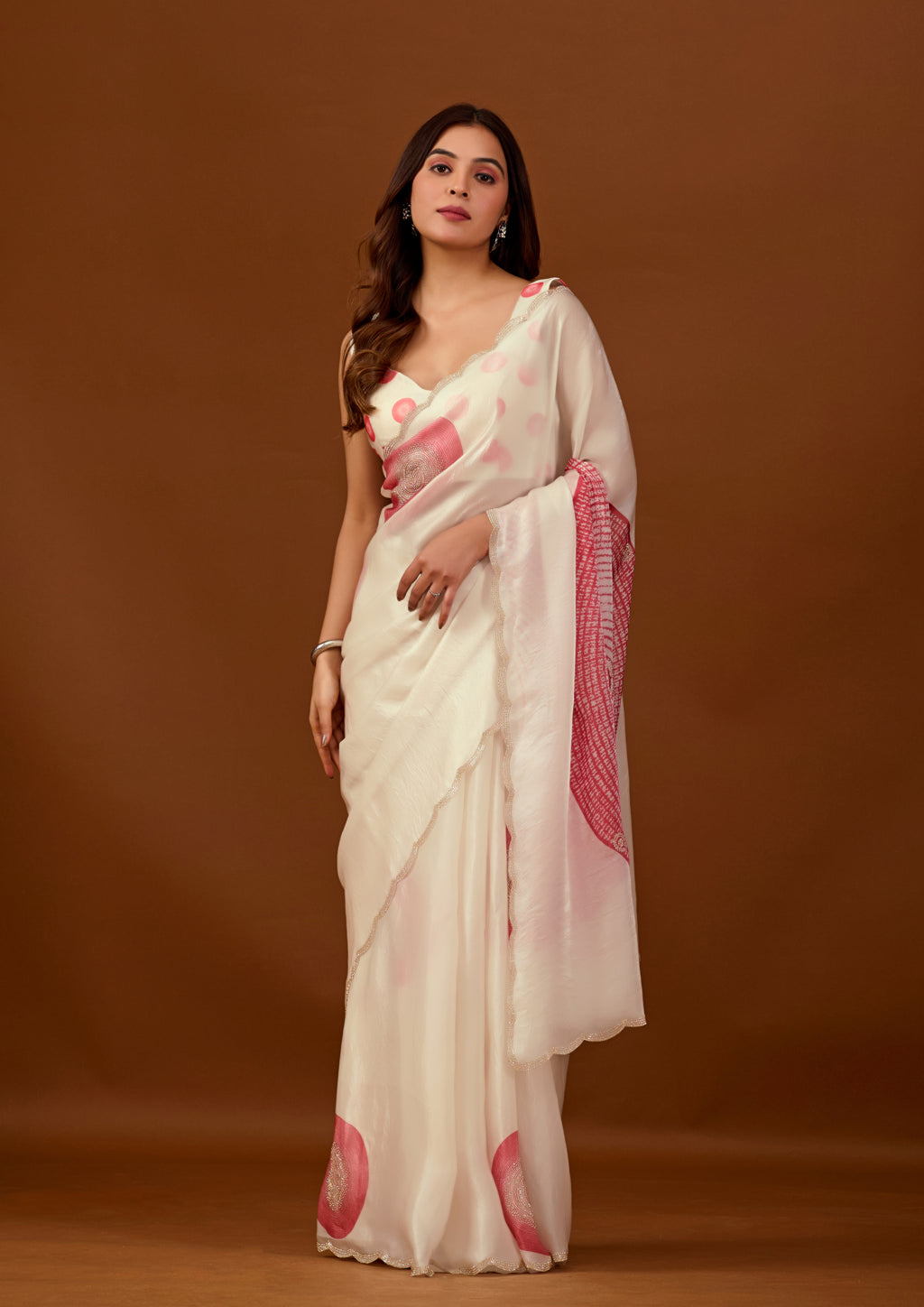 Ivory Organza Silk Saree With Stone Work