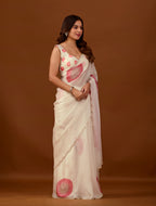 Ivory Organza Silk Saree With Stone Work