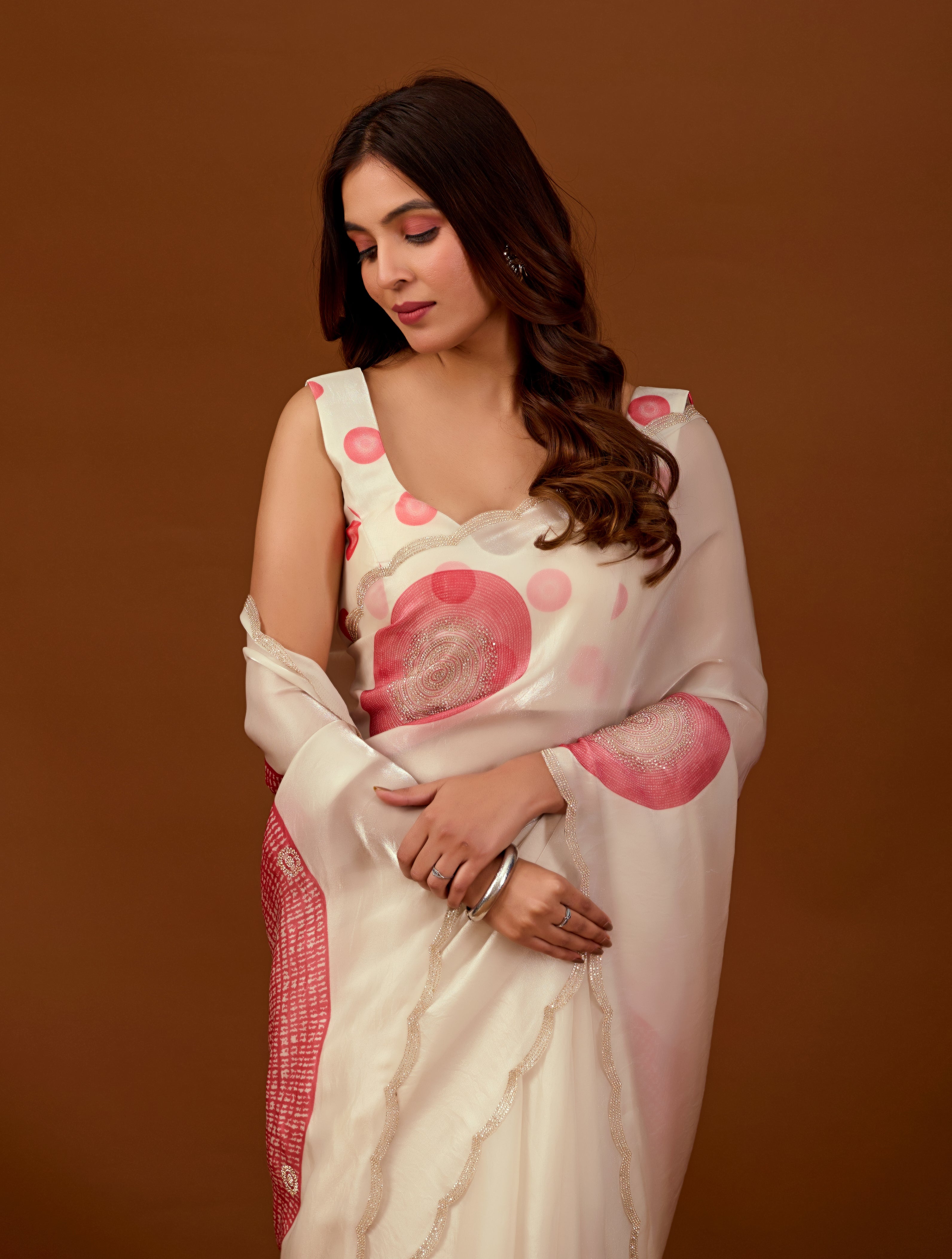 Ivory Organza Silk Saree With Stone Work